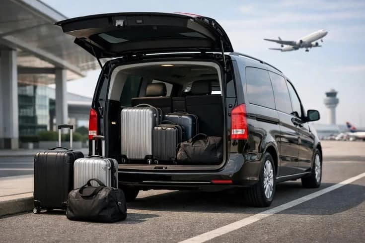 A van loaded with luggage at an airport terminal